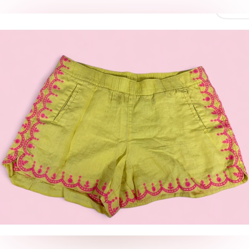 Lilly Pulitzer Yellow Linen Pink Embroidery Scalloped Shorts Size L